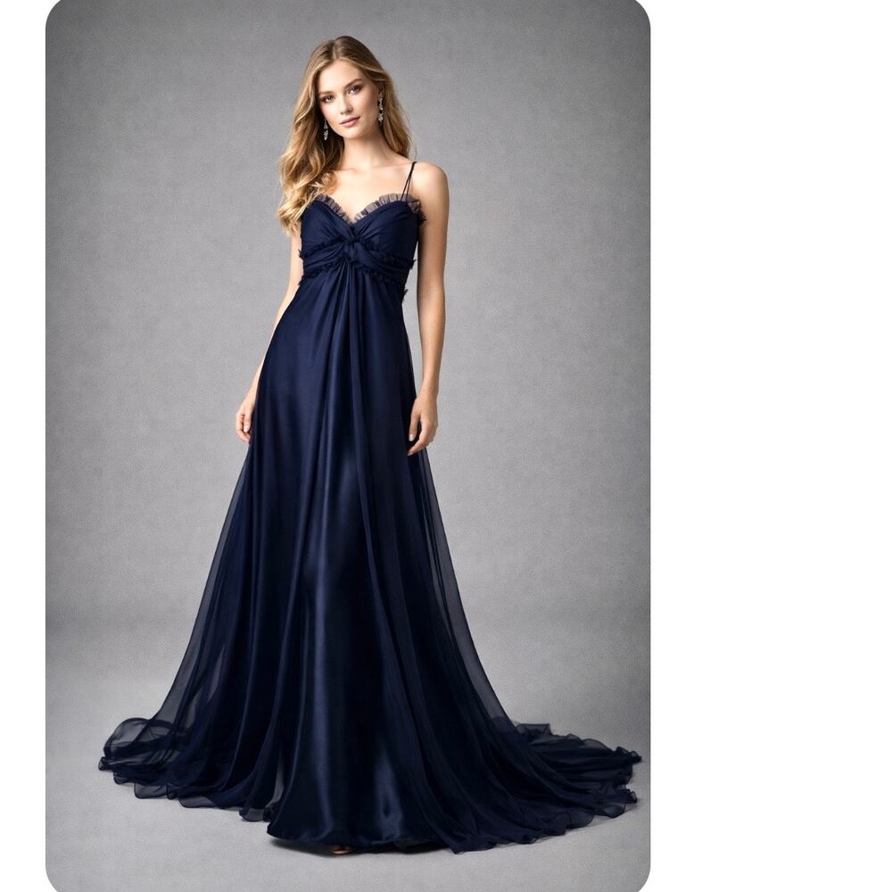 Vintage Jim Hjelm Navy Chiffon Satin Formal Gown Train Empire Waist USA Size 8
